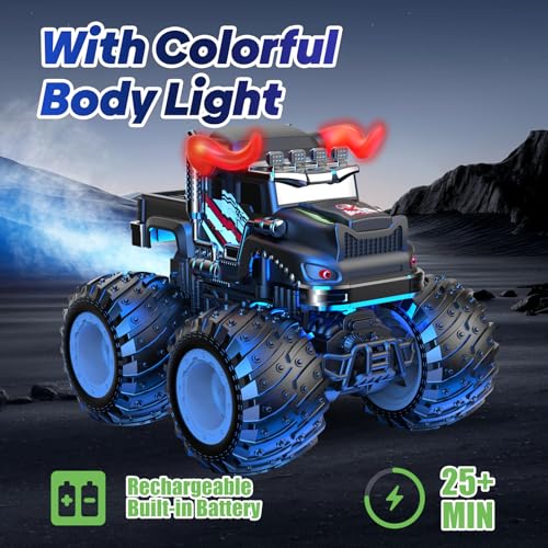 BAODLON Remote Control Monster Car, 2.4GHz RC Bull Monster Truck Toys for 3 4 5 6 7 8 Years Old Boys Kid, All Terrain RC Truck Off Road with Spray, Light, Rechargeable Battery, Christmas Birthday Gift - style: Bull
