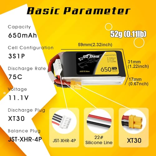 TATTU 3S1P 75C 11.1V 650mAh Lipo Battery Pack with XT30 Plug(2 Pcs)