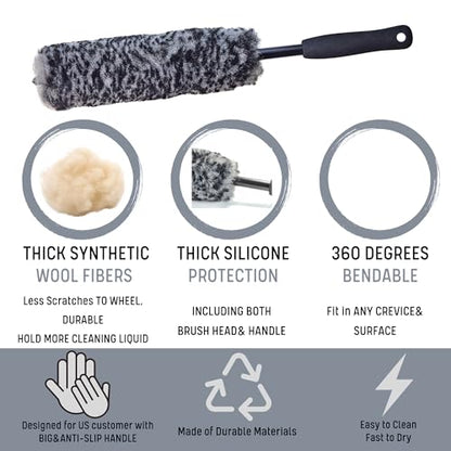 Refined Long Handle Car Wheel Brush Arsenal, Soft Wheel and Rim Brush,Tire Brush, Bendable & Durable Car Wheel Rim Cleaner Brush Set for Cleaning Wheel and Tire, Large, Grey & Black - size: 4 Packs
