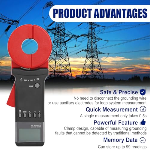 Podoy ETCR2100A+ Ground Resistance Meter Earth Tester Clamp Digital 200Ω | Non-Contact Clamp-On Design Tests Ground Loops Without Disconnecting Ground Wires; Φ32 mm Jaw, 0.001Ω Resolution; No Battery