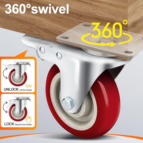 5 Inch Plate Caster Set of 4, Heavy Duty PU Swivel Wheel with Dual Brakes | Smooth 360° rotation,dual locking brake,silent PU wheels - color: Red, size: 5 IN