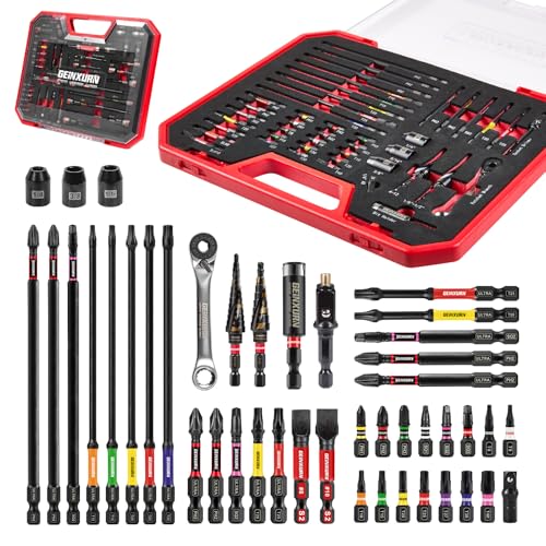 44Pcs Screwdriver Bit Set Include Ratchet Wrench, Socket Driver, Sockets, Step Drill, 1/4”Socket Adapter and Impact Bit Holder with Tool Box Storage for Home Repairs, DIY - style: GFY044EV-RD