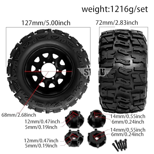 STMU 12mm/14mm Hex RC Wheels & Tires Set for 1/10 RC Trucks - Compatible with Traxxas Rustler, Stampede, Hoss 2WD/4X4 VXL, Arrma, Redcat, RIAARIO, AMORIL - 4PCS (Black) - color: Black