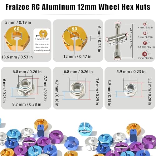 Aluminum 12mm Hex Wheel Hub 4Pcs w/Axle Pin M4 Flange Lock Nut Standard M3 M4 Nut 6mm Thickness Wheel Drive Adapter for 1/10 Traxxas HSP Redcat Rc4wd Tamiya Axial SCX10 WLtoy RC Car(25Pcs) - color: Gold, size: 6.0
