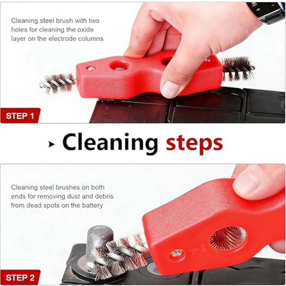2 PCS Car Battery Terminal Cleaning Brush, 4-in-1 Battery Post Cleaner Brush with Steel Wire, Cleaning Tool for Terminals and Pipes, Universal for Most Cars, Trucks, SUVs (Red) - color: Red