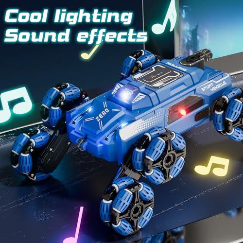 Cool 8-Wheel Gesture RC Stunt Car, 2.4GHz Climbing Toy for Ages 6-14 | 8-Wheel Double-Sided Climbing Vehicle, Gesture & Remote Dual Control, Built-in Lights and Music, Transformable Drift RC Car - color: Blue