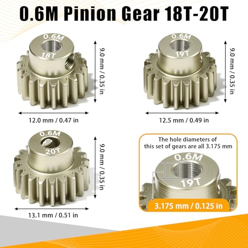 3PCS 0.6 Mod 0.6M Pinion Gear Set 18T 19T 20T, 7075 Aluminum Alloy RC Gears with 3.175mm Bore for 540 550 Brushed Brushless Motors, Fits for 1/10 Tamiya Redcat HSP HPI RC Cars - size: 18 19 20T