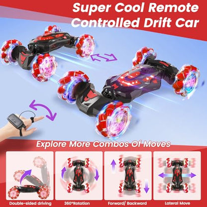 Gesture Sensing RC Stunt Car,Remote Control Car Toys for Ages 4-12 | Drift cars with Lights Music ,4WD 360° Spins All Terrains Kids Toys RC Cars, Best Birthday Gift for 4-12 Kids - color: Red