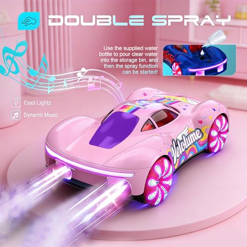 Pink Remote Control Car – 360° Rotation, Left/Right Side Crawl, Dual Mist Spray, LED Light Show, Auto Play Mode Remote Control Vehicle, RC Cars for Girls Toys for Ages 8-13 Kids, Boys Birthday Gift - color: Pink