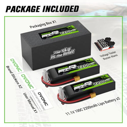 OVONIC 3S Lipo Battery 100C 2200mAh 11.1V Lipo Battery with XT60 Connector for RC Airplane Helicopter Quadcopter RC Car Truck Boat(2 Packs)(with Lipo Voltage Checker)