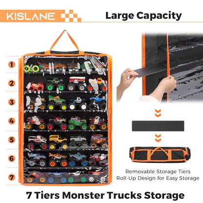 Monster Truck Storage Organizer, Hanging Monster Truck Display Case with 7 Removable Tiers, Dual Zipper Clear Window Monster Truck Storage Bag for 1:64 Scale Toy Trucks | Wall mount tiered shelf fits 1:64 scale cars. Cars not included. Assembly required.