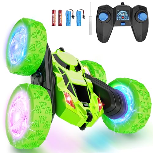 Hamdol Remote Control Stunt Car for Kids, 360° Spinning Double-Sided RC Toy with LED Wheel Lights, 4WD Rechargeable Vehicle for Boys Ages 6–12, Educational STEM Toy & Valentines Gift - color: Green, size: Glow (Headlights & Wheel Lights)