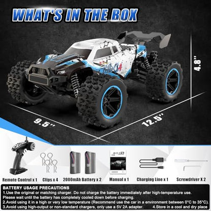 1/14 RC Cars Fast 50 KPH, 4WD Offroad RC Truck with 60 Mins Runtime, All Terrain High Speed Remote Control Car with 2 Rechargeable Batteries 2000 mAh, RC Cars for Adults and Boy Gifts