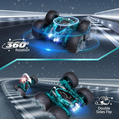 Tecnock Remote Control Car, 2.4GHz RC Cars with USB-C Easy Charging, 4WD Double Sided 360° Rotates and Flips RC Stunt Car, Toys Gift for Boys and Girls Ages 6-8, 8-12 - color: Green