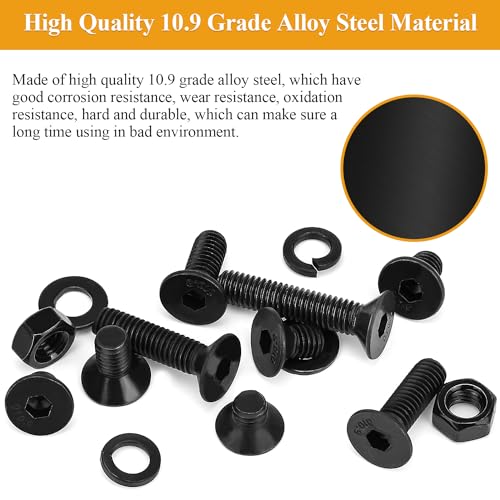 150 Pieces M6 Screws Nuts Washers Set Black, Sutemribor M6 x 8/10/12/16/20/25/30mm Countersunk Head Socket Cap Screws Nuts Washers Assortment Kit, 10.9 Grade Alloy Steel, Fully Threaded - size: M6, style: Countersunk Head Socket Cap