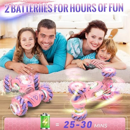 RC Stunt Car, 2.4GHz 4WD Gesture Sensing Remote Control Car, RC Twist Cars with Spary & Light & Music, Double-Sided 360° Rotating (Pink)