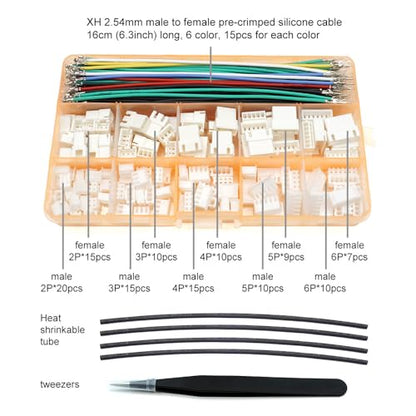 XH 2.54mm Connector Kit - JST XH Compatible 2.5mm Pitch Male Female Connector Sockets Plugs and 22AWG Pre-Crimped Silicone Cables Wire 2 3 4 5 6 Pin Housing