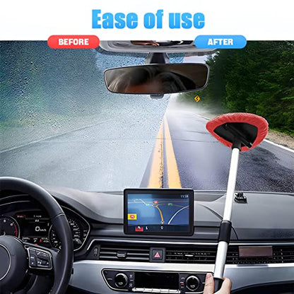 Windshield Cleaning Tool, Car Window Cleaner with Extendable Long Handle and 4 Washable Reusable Microfiber Pads, Auto Interior Exterior Glass Wiper Cleaning Kit Universal for Office and Home (Red) - color: Red