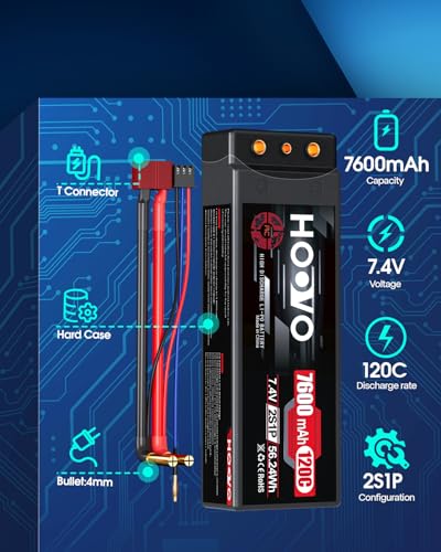 HOOVO 7600mAh 2S Lipo Battery 7.4V 120C RC Battery Hard Case 4mm Bullet with T Plug for RC Drag Car RC Truck Boat DJI Heli Airplane RC Models (2 Packs)