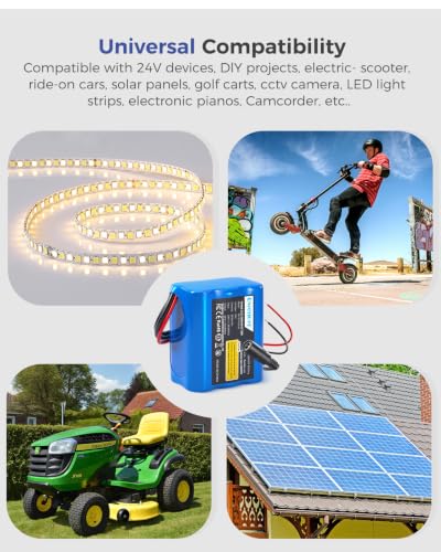 22.2V-24V 2.6Ah Lithium Battery, 22.2V-24V Rechargeable Li-ion Battery with Charger, Bare Leads Wire, Cable Connector for Kids Ride On Cars, DIY Project, Solar Panels, LED Light Strip, CCTV Camera