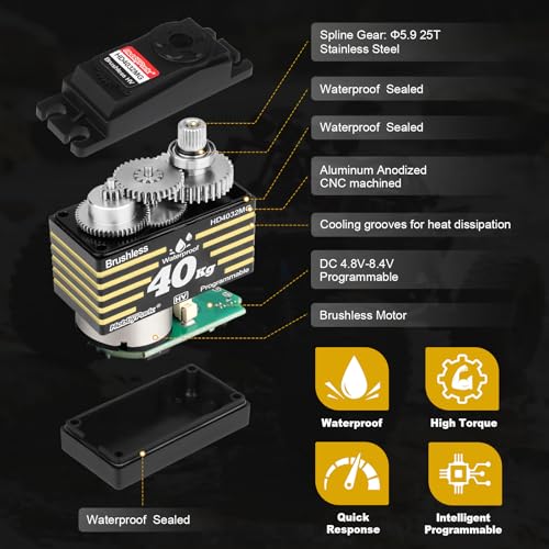 HobbyPark 40kg Waterproof High Torque RC Steering Servos Brushless Motor Fast Speed Standard Size HV Metal Gears for 1/8 1/10 RC Crawler Car Truck Buggy Control Angle 180° Programmable