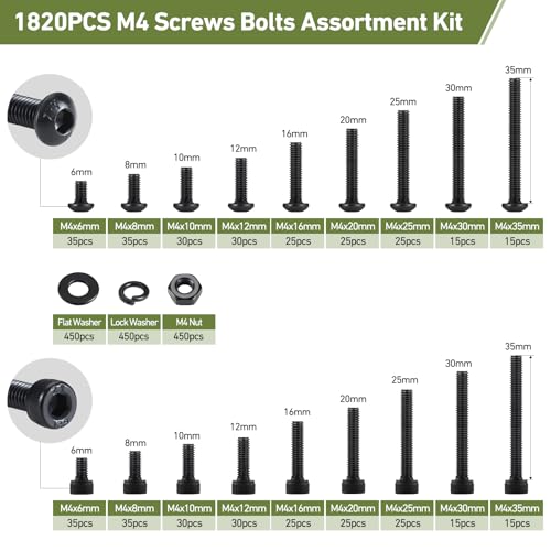 M4 Metric Screw Assortment, 1820PCS M4 x 6/8/10/12/16/20/25/30/35mm Hex Socket Button & Cap Head Screws Nuts Bolts Washer Assortment Kit 12.9 & 10.9 Grade Black Oxide for DIY, 3D Printer - size: M4 1820PCS Button&Socket Black