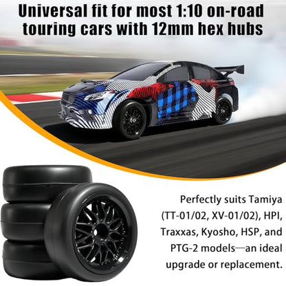 OD 2.55" On Road Rubber Tires Nylon Wheels- 12mm Hex for 1/10 RC Racing Car | Compatible with MJX HSP Tamiya HPI Kyosho Traxxas Sakura Redcat WLtoys 1/10 RC On-Road Racing Touring Car (4pcs, Black) - style: A-Black