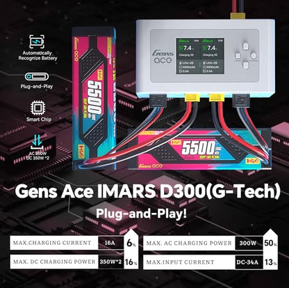 IMARS D300 Gens Ace Lipo Battery Charger G-Tech Smart Dual Lipo Balance Charger AC 300W DC 700W(350W*2) 16A Dual Channel Charger for 1s~6s Lipo Batteries, Life/NiCd/MH/LiHV, Plug&Play (White)