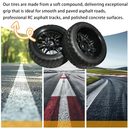 OD 2.65" On Road Rubber Tires Nylon Wheels- 12mm Hex for 1/10 RC Racing Car | Compatible with MJX HSP Tamiya HPI Kyosho Traxxas Sakura Redcat WLtoys 1/10 RC On-Road Racing Touring Car (4pcs, Black) - style: D-Black