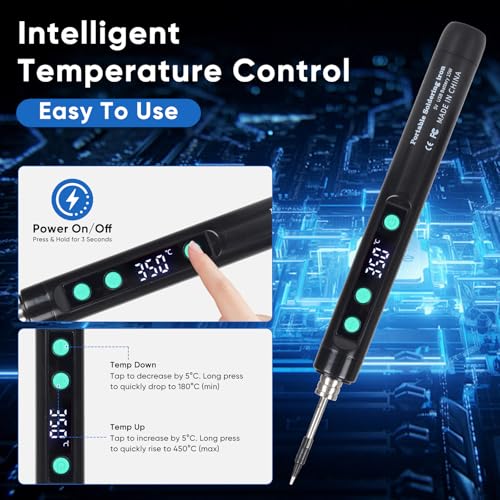 Cordless Soldering Iron Kit, 1100mAh USB-C Rechargeable Soldering Iron with LCD Screen, Portable Battery Powered Soldering Pen for Electronics Repair, Hobby DIY Projects