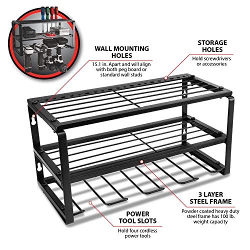 Performance Tool W7701 16 in. 3 Tier Power Tool Organizer Wall Mount | Garage storage system and utility rack. Holds cordless drills and tools. Heavy steel frame with powder-coated finish - style: 16" Power Tool Storage Rack