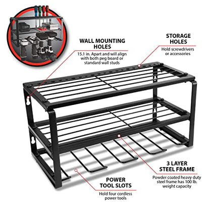 Performance Tool W7701 16 in. 3 Tier Power Tool Organizer Wall Mount | Garage storage system and utility rack. Holds cordless drills and tools. Heavy steel frame with powder-coated finish - style: 16" Power Tool Storage Rack