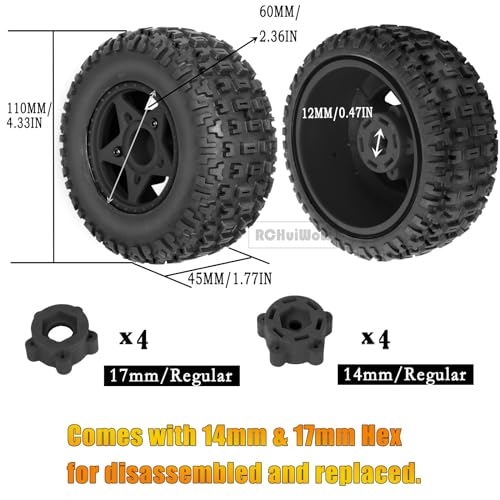 RC 12mm/14mm Hex Wheels & Tires for 1/10 RC Scale Truck,RC Truck Tires for 1/10 Slash 2WD 4×4 Senton Axia1 L0SI Red cat Rc 4wd,4PCS,Black - color: Black(4pack)