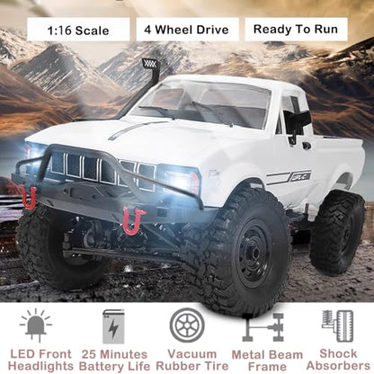 RC Truck 1/16 RC Rock Crawler, WPL C24 4x4 RC Pickup Truck, 2.4GHz Remote Control Car, All Terrain Off Road RC Climbing Car with Headlights and 2 Batteries for Adults (White) - color: White