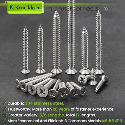 540Pcs #6#8#10 Self Tapping Screws Wood Screws Assortment Kit Phillips Tips Flat Head Drywall Screws, 17 Sizes Set Screw Assortment Kit, 304 Stainless Steel, Length 1/2" to 3", Silver - size: G. #6- #10