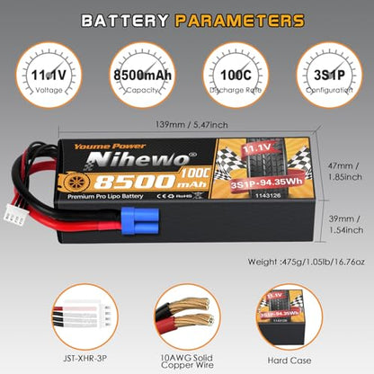 3S Lipo Battery EC5 8500mAh 11.1V 100C Hard Case for RC Truck 2Packs | 3S Lipo Battery 11.1V 8500mAh High Capacity,Hard Case Protection, EC5 Connector, Fit for 1/8 1/10 RC vehicle boat drone 2pcs - style: 2x 11.1V 8500mAh
