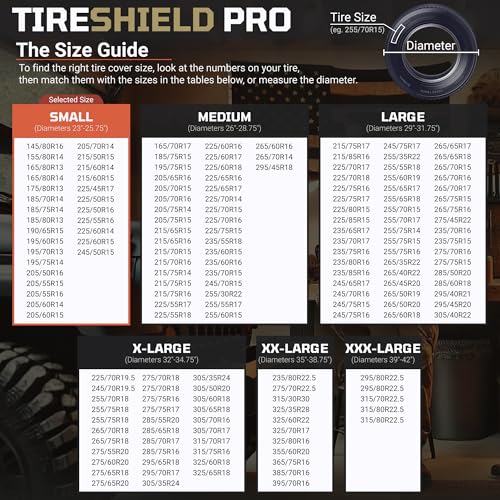 TIRESHIELD PRO Tire Covers Set of 4 - Heavy Duty All-Weather UV-Resistant Wheel Covers w/StormLock-System - Year-Round Protection for Your RV, Camper, Truck, Car & Trailer Tires w/ 23-25.75" Diameter - size: Small - Fits Tire Diameters 23-25.75", style: T
