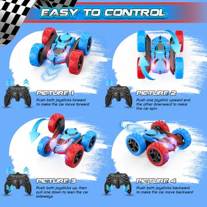 cosone Red Blue RC Stunt Car for Boys Girls | 360° Spinning Tricks, Double-Sided Driving, LED Lights, USB-C Rechargeable, One-Click Demo - color: Red&blue Pro