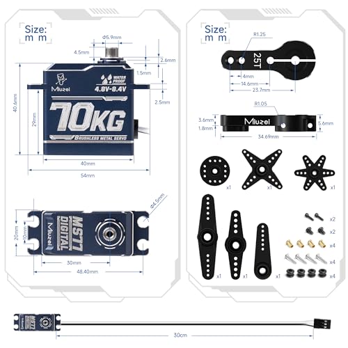 70kg Brushless Servo Motor High Torque for 1/8 1/10 RC Car Crawler | 70kg.cm Torque, 0.12sec/60° Speed. IP67 Waterproof, Metal Gear, 180°Digital Steering Servo with 25T Horn for RC Robot Boat
