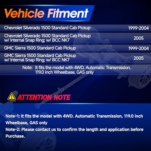 51.14'' Rear Drive Shaft Prop Shaft Driveshaft Assembly [4WD Automatic Trans 119.0" WB] Fit for Chevrolet Chevy Silverado 1500 | GMC Sierra 1500 1999-2005, OE 15109400 15163798 - size: 51.14in--51.14in