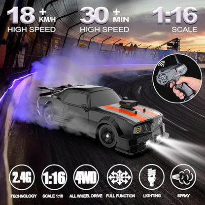 Remote Control Car RC Drift Car 1:16 Scale 4WD 18KM/H High Speed Model Vehicle 2.4GHz with LED Lights Spray Rubber Tire Racing Sport Toy for Adults Boys Girls Kids Gift 2Pcs Rechargeable Batteries - color: B-black