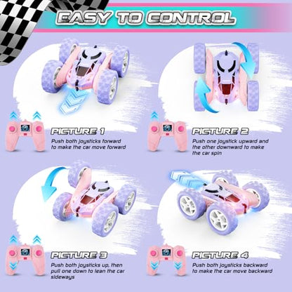 cosone Pink Purple RC Stunt Car for Kids | 360° Rotating Spins, Double-Sided Driving, LED Lights, 2.4GHz Racing Toy, Ages 4-8 8-12 - color: Purple&pink