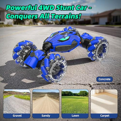 VisionX Unique 2.4GHz 4WD 360° Rotating Gesture Sensing RC Stunt Cars for Boys and Girls Ages 6-12, Double‑Sided Driving RC Drift Car, Birthday and Christmas Cool Car Toys Gifts for Kids, 2 Batteries - color: Vibrant Blue