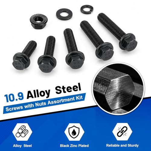 440PCS M6 Flange Bolt Assortment Kit with Nut Washer 10.9 Alloy Steel | Metric Black Zinc Plated Hex Head Screws Set, M6-1.0 X 12/16/20/25/30mm for DIY Repairs, 3D printers, RC cars, Drones - size: G10.9 M6 440PCS