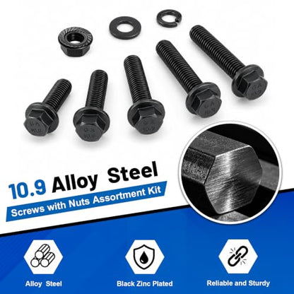 440PCS M6 Flange Bolt Assortment Kit with Nut Washer 10.9 Alloy Steel | Metric Black Zinc Plated Hex Head Screws Set, M6-1.0 X 12/16/20/25/30mm for DIY Repairs, 3D printers, RC cars, Drones - size: G10.9 M6 440PCS