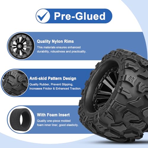 2.8“ PreGlued RC Truck Wheels and Tires 12mm Hex w/Foam Inserts for Traxxas Rustler Stampede 4X4 VXL Hoss 4x4 Blackout XTE Pro 1/10 Scale RC Monster Truck Tyres Set (4-Pack)