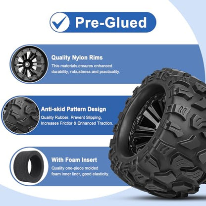 2.8“ PreGlued RC Truck Wheels and Tires 12mm Hex w/Foam Inserts for Traxxas Rustler Stampede 4X4 VXL Hoss 4x4 Blackout XTE Pro 1/10 Scale RC Monster Truck Tyres Set (4-Pack)