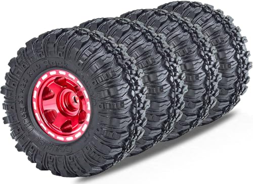 1.0 Beadlock Wheels and Tires Set 57 x 24 mm 1.0 inch Rubber Rock Crawler Tires & Alloy Blade Wheels for 1/18 1/24 Axial SCX24 TRX4M Gladiator Bronco C10 JLU Deadbolt RC Crawler Upgrade (Red) - color: Red