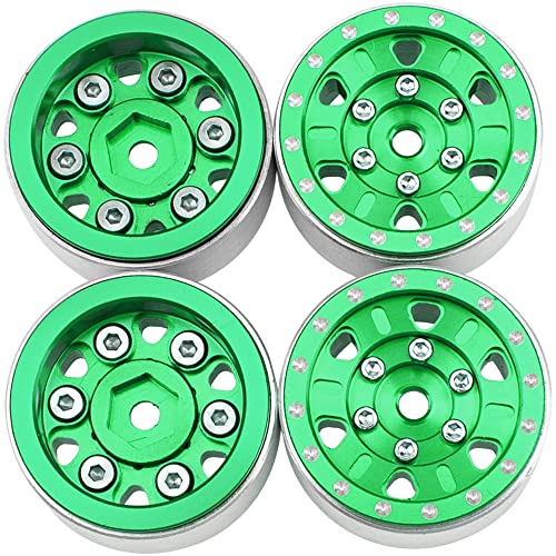 4Pack HIRCQOO 1.0" SCX24 Beadlock Wheels Rim 7mm Hex Wheel Rims Compatible with Axial 1/24 AXI90081 AXI00002V2 JT C10 Gladiator RC Micro Beadlock Wheels Crawler Car (Green) - color: Green