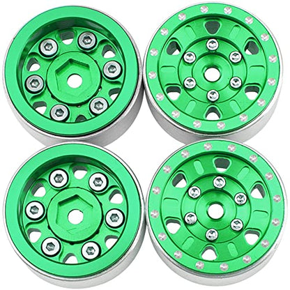4Pack HIRCQOO 1.0" SCX24 Beadlock Wheels Rim 7mm Hex Wheel Rims Compatible with Axial 1/24 AXI90081 AXI00002V2 JT C10 Gladiator RC Micro Beadlock Wheels Crawler Car (Green) - color: Green